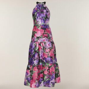 Milly New York Hayden Floral Metallic Halter Dress Open Back Tiered Size 8